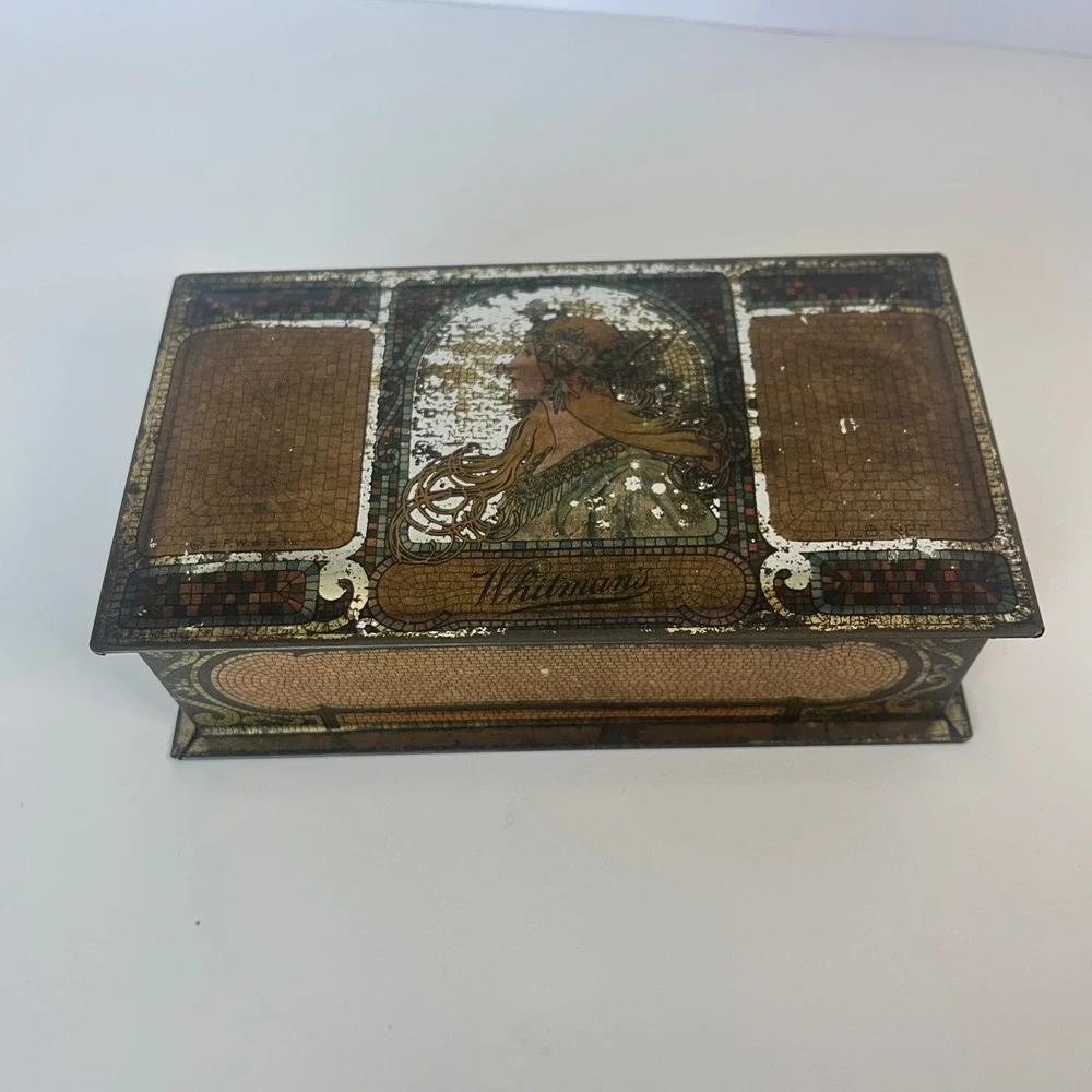 Vintage Whitman's Chocolate Tin Art Nouveau Mosaic Woman Profile Metal Box 7 iN